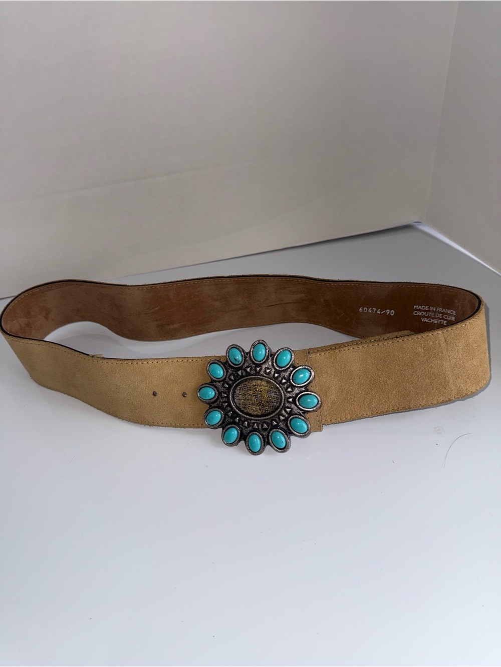 VINTAGE Western Southwest Leather and Turquoise Medallion Rodeo Cowgirl Belt L